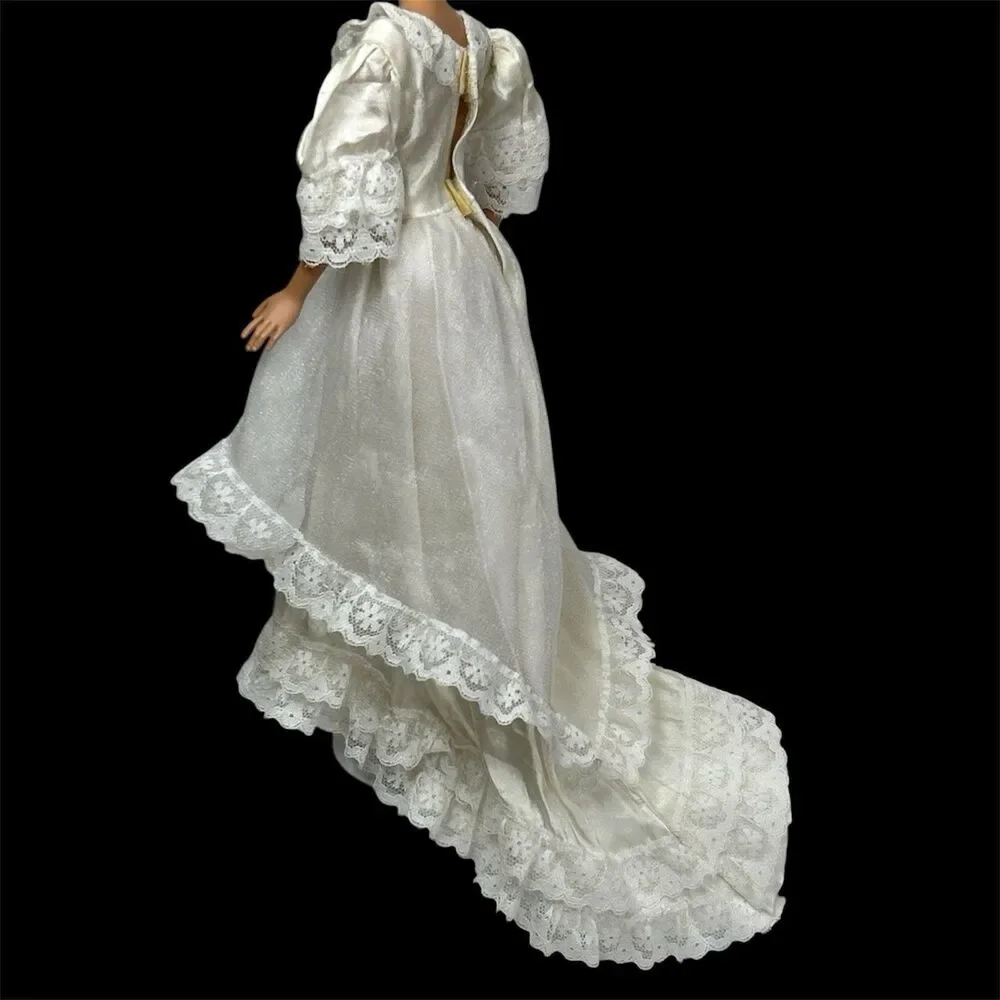 Vtg Barbie Bridal Gown Wedding Dress Satin Lace Cascade Tiered Train Puff Sleeve